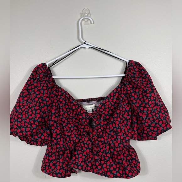 Band of the free Tops - Trendy Red and Black Puff Sleeve Top Strawberry Print Cotton Size M NWT